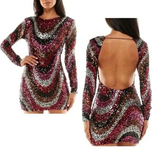 B. Darlin Sequin  Long Sleeve Backless Dress Junior  Size L - Picture 8 of 9